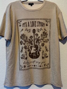 Taylor Swift Sparkle Graphic Tee "It's A Love Story" - Silver with Brown Print